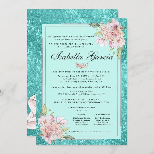 Teal Blue Floral Quinceaera Birthday Invitation