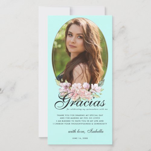 Teal Blue Floral Quinceaera Photo Thank You Card