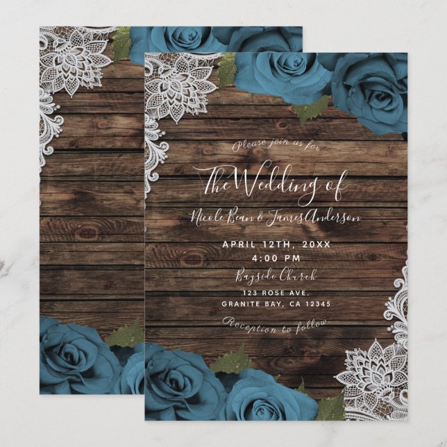 Teal Blue Floral Roses Rustic Wood Lace Wedding Invitation (Front/Back)