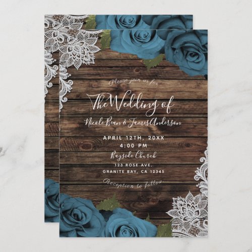 Teal Blue Floral Roses Rustic Wood Lace Wedding Invitation