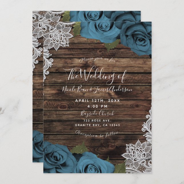 Teal Blue Floral Roses Rustic Wood Lace Wedding Invitation (Front/Back)