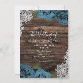 Teal Blue Floral Roses Rustic Wood Lace Wedding Invitation (Front)