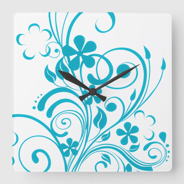 Teal Blue Floral Swirl Retro Square Wall Clock (Front)