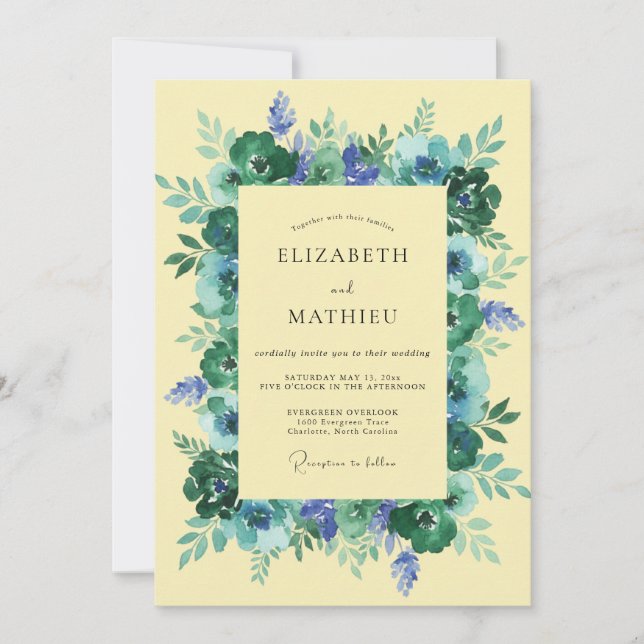 Teal Blue Floral Whimsy Wedding Invitation (Front)
