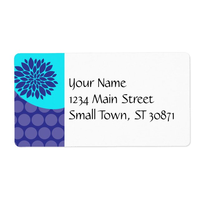 Teal Blue Flower and Purple Polka Dots Pattern Label (Front)