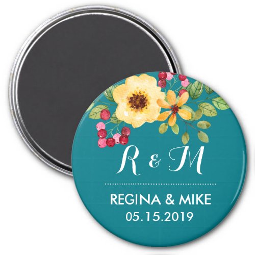 Teal Blue Flower Garden Spring Wedding Monogram Magnet