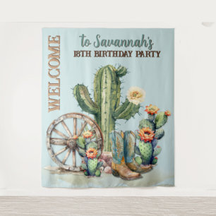 Teal Blue Flowering Cactus Boots Welcome Backdrop
