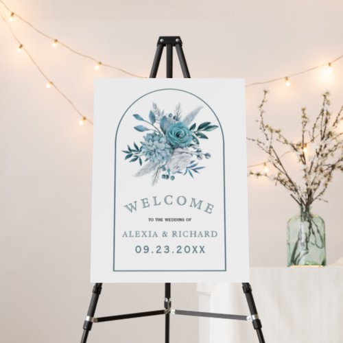 Teal blue flowers and arch floral welcome wedding foam board