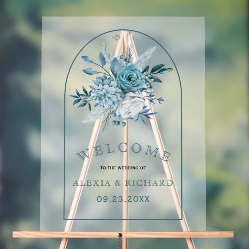 Teal blue flowers and arch frosted welcome wedding acrylic sign