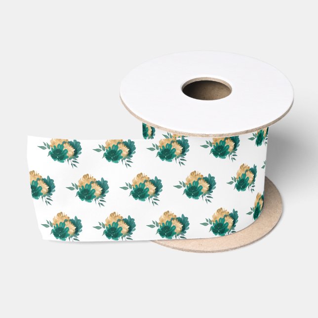 Teal Blue Flowers and Greenery Pattern Satin Ribbon (Spool)