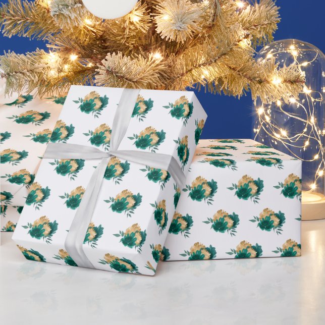 Teal Blue Flowers and Greenery Pattern Wrapping Paper (Holidays)
