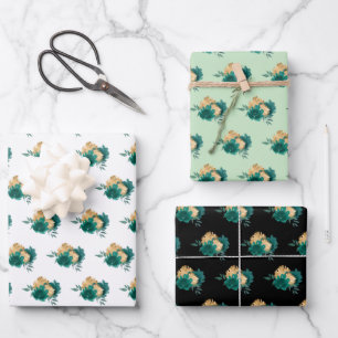 Teal Blue Flowers and Greenery Pattern Wrapping Paper Sheets
