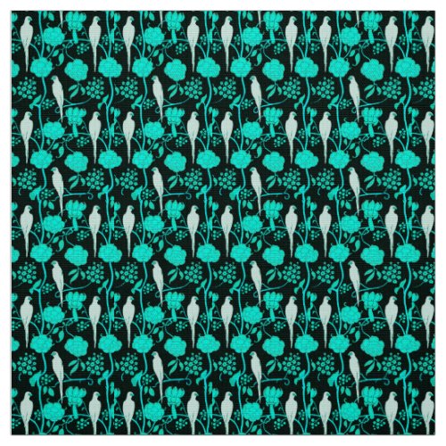 TEAL BLUE FLOWERS AND WHITE PARROTS ON BLACK FABRIC