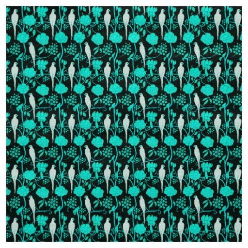 TEAL BLUE FLOWERS AND WHITE PARROTS ON BLACK FABRIC