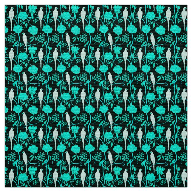 TEAL BLUE FLOWERS AND WHITE PARROTS ON BLACK FABRIC (Swatch)