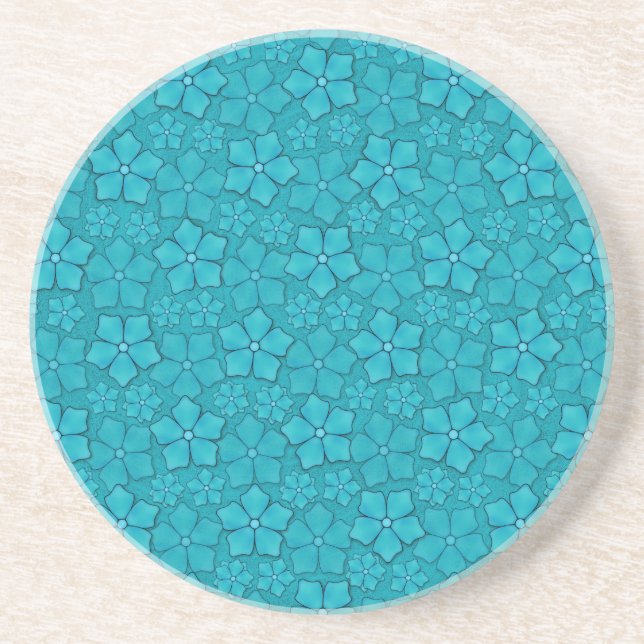 Teal blue flowers drink coaster (Front)