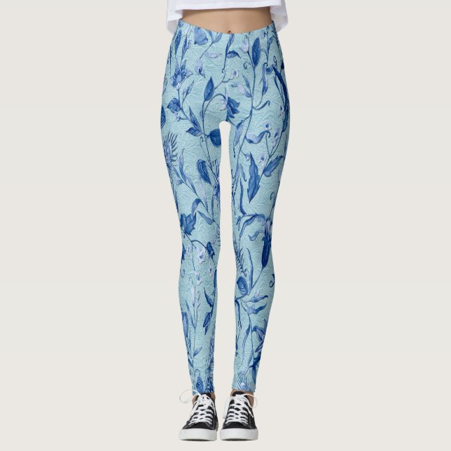 Teal Blue flowers on a sculpture texture backing Leggings (Front)