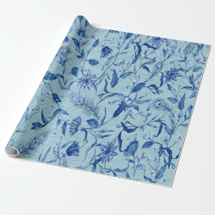 Teal blue flowers on a sculpture texture backing wrapping paper