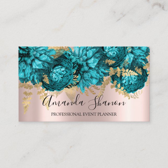 Teal Blue Flowers Rose Gold Logo Event Planner  Business Card (Front)