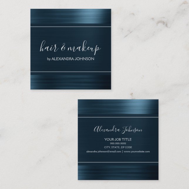 Teal Blue Foil Modern Brushed Metal Square Business Card (Front/Back)