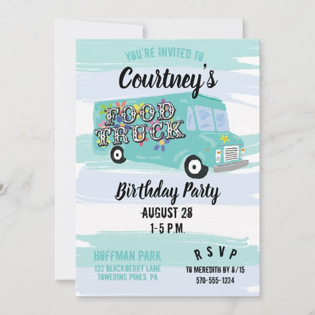 Teal Blue Foodtruck Birthday Party Custom Invitation (Front)