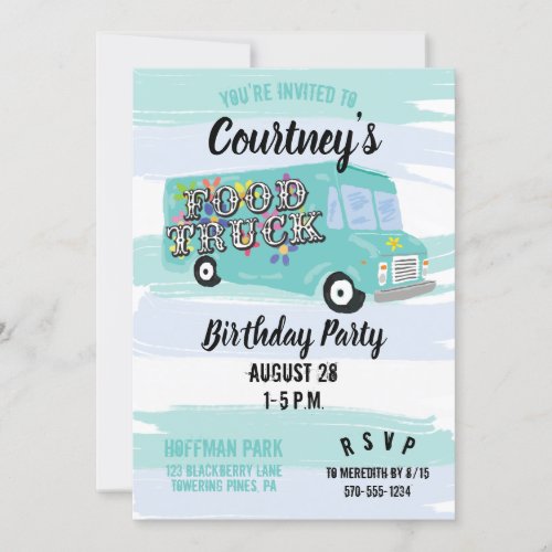 Teal Blue Foodtruck Birthday Party Custom Invitation