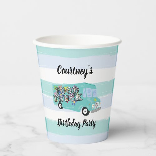 Teal Blue Foodtruck Birthday Party Custom Paper Cups