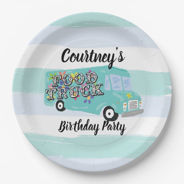 Teal Blue Foodtruck Birthday Party Custom Paper Plates (Front)