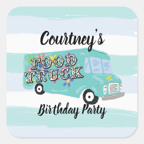 Teal Blue Foodtruck Birthday Party Custom Square Sticker