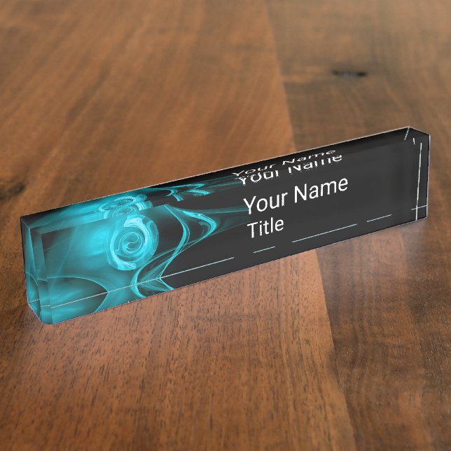 TEAL BLUE FRACTAL ROSE IN BLACK,Abstract Swirls Name Plate (Side)
