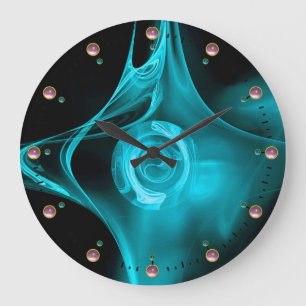 TEAL BLUE FRACTAL ROSE IN BLACK, PINK GEMSTONES LARGE CLOCK