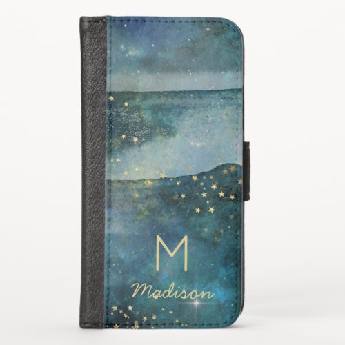 Teal Blue Galaxy Gold Stars Celestial Sky Monogram iPhone XS Wallet Case