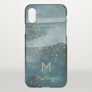 Teal Blue Galaxy Gold Stars Celestial Sky Monogram iPhone X Case