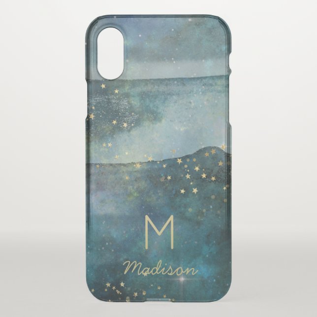 Teal Blue Galaxy Gold Stars Celestial Sky Monogram Uncommon iPhone Case (Back)