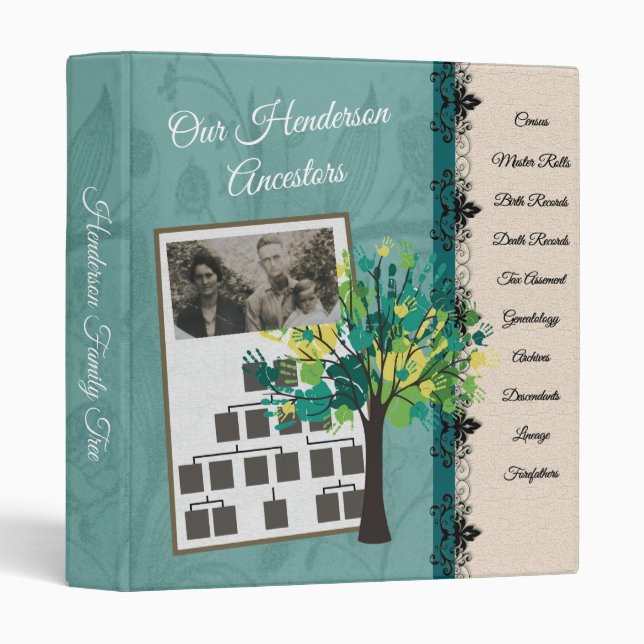 Teal Blue Genealogy Terms 3 Ring Binder (Front/Spine)