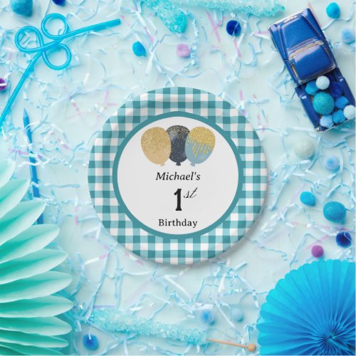 Teal Blue Gingham & Balloons 1st Birthday Paper Plates