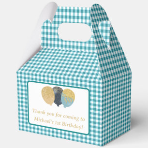 Teal Blue Gingham Balloons Custom Photo Birthday Favor Boxes