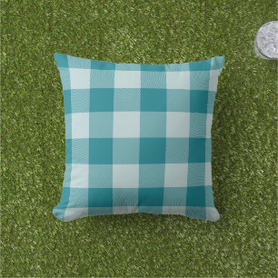 Teal Blue Gingham Check Buffalo Plaid Outdoor Pillow