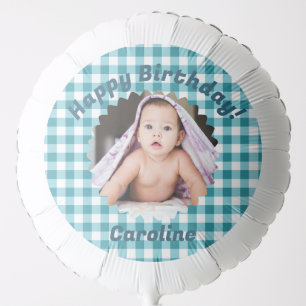 Teal Blue Gingham Custom Photo Happy Birthday Balloon