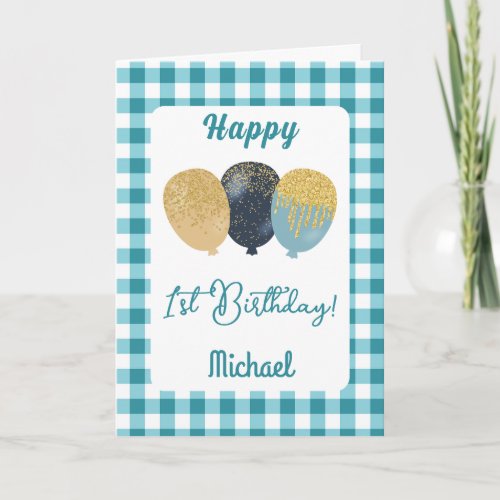 Teal Blue Gingham  Glitter Balloons 1st Birthday Card