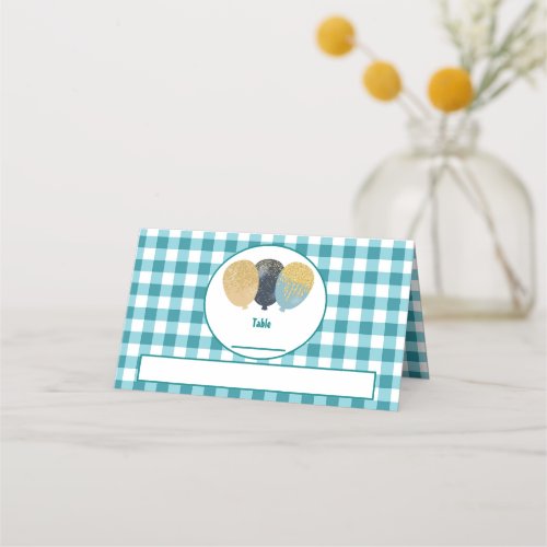 Teal Blue Gingham Glitter Balloons Folded Table Place Card