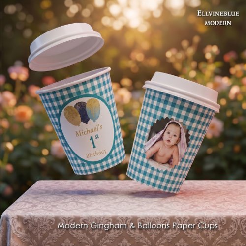 Teal Blue Gingham Glitter Balloons, Photo Birthday Paper Cups