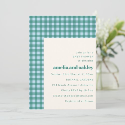 Teal Blue Gingham Modern Couples Baby Shower Invitation