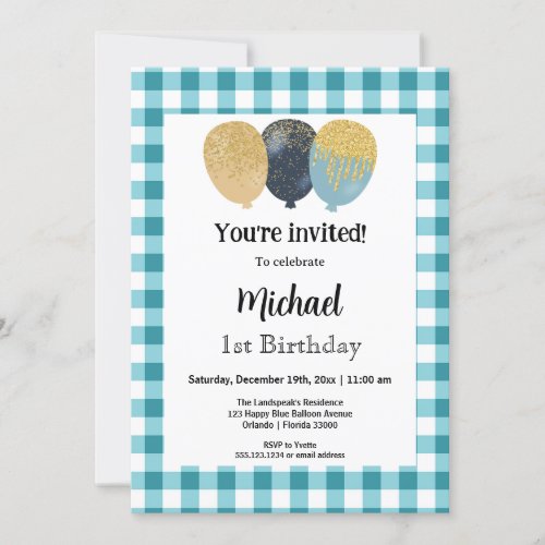Teal Blue Gingham Party Balloons 1st Birthday Invitation