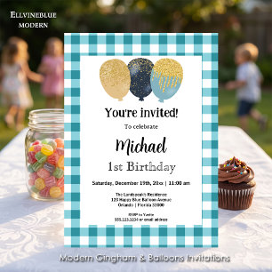 Teal Blue Gingham, Party Balloons 1st Birthday Invitation