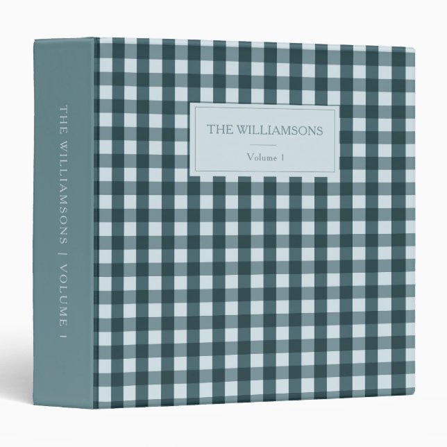 Teal Blue Gingham Personalized Family Photo 3 Ring Binder (Front/Spine)