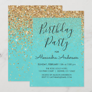 Teal Blue Girly Glitter Sparkle Any Age Birthday Invitation