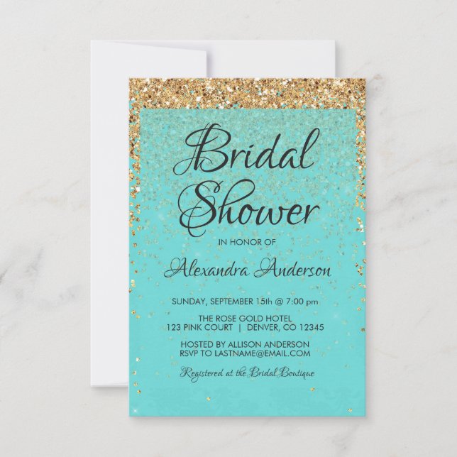 Teal Blue Girly Glitter Sparkle Bridal Shower Invitation (Front)