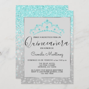 Teal Blue Girly Glitter Sparkle Quinceanera Invitation
