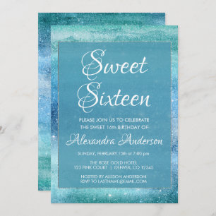 Teal Blue Girly Glitter Sparkle Sweet 16 Birthday Invitation
